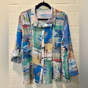 Trisha Tyler Watercolor Print Lightweight Coastal Resort Chic Button Up Top XLP